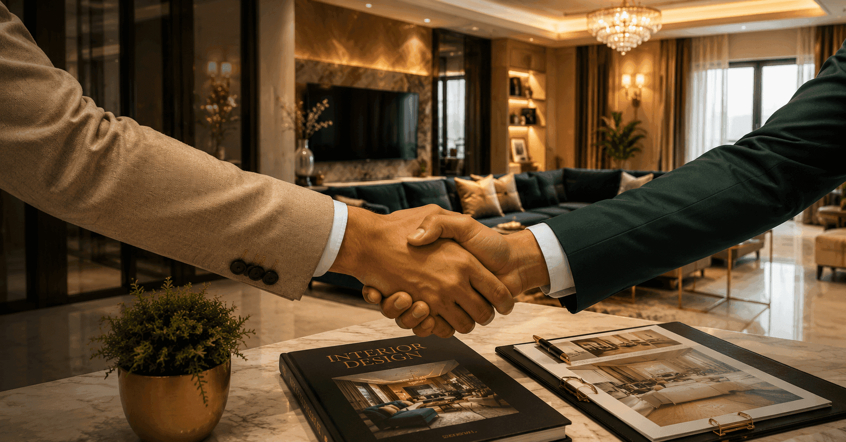 Interior designer shaking hands with a client in a completed Indian home